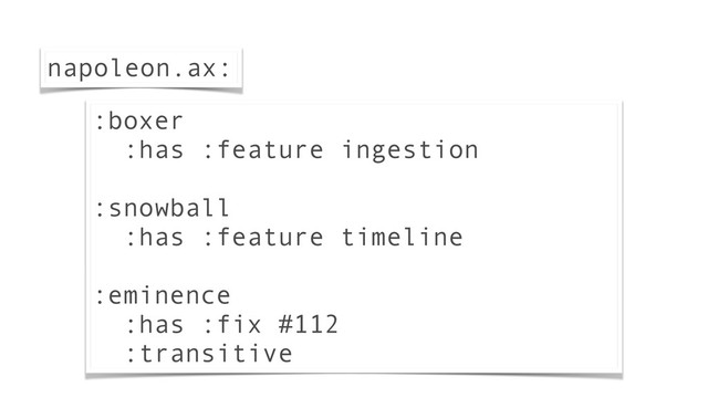 :boxer
:has :feature ingestion
!
:snowball
:has :feature timeline
!
:eminence
:has :fix #112
:transitive
napoleon.ax:
