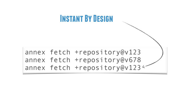 annex fetch +repository@v123
annex fetch +repository@v678
annex fetch +repository@v123
Instant By Design
