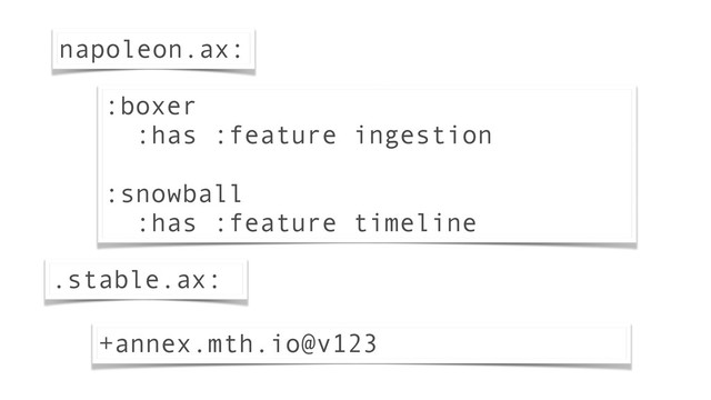 napoleon.ax:
:boxer
:has :feature ingestion
!
:snowball
:has :feature timeline
.stable.ax:
+annex.mth.io@v123
