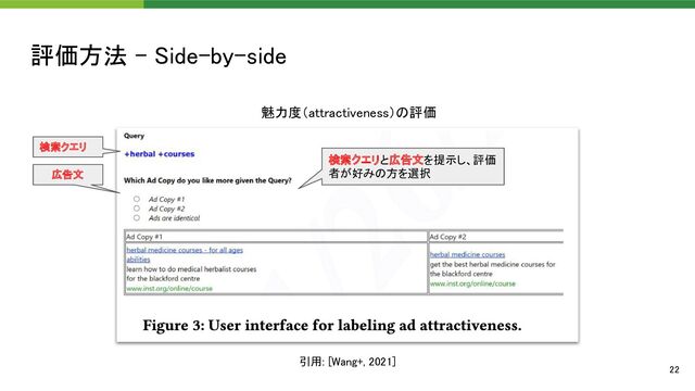 評価方法 - Side-by-side 
22 
引用: [Wang+, 2021] 
検索クエリと広告文を提示し、評価
者が好みの方を選択
検索クエリ 
広告文 
魅力度（attractiveness）の評価  
