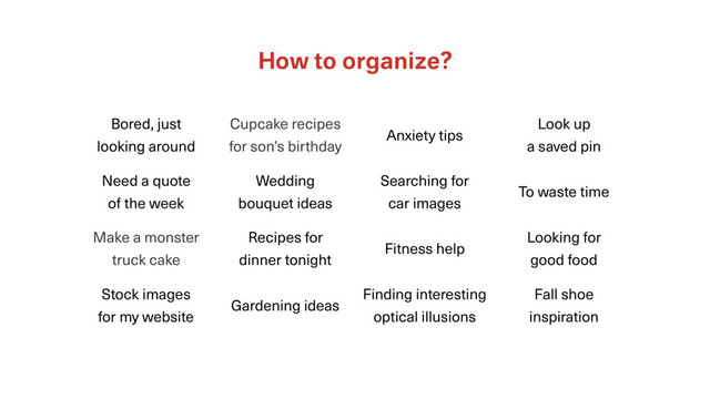 How to organize?
Bored, just
looking around
Gardening ideas
Searching for
car images
Finding interesting
optical illusions
Make a monster
truck cake
Need a quote
of the week
Wedding
bouquet ideas
Recipes for
dinner tonight
Looking for
good food
Cupcake recipes
for son’s birthday
Look up
a saved pin
To waste time
Stock images
for my website
Fall shoe
inspiration
Anxiety tips
Fitness help

