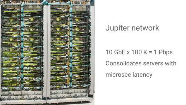 Jupiter network
10 GbE x 100 K = 1 Pbps
Consolidates servers with
microsec latency
