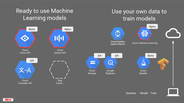 Ready to use Machine
Learning models
Use your own data to
train models
Cloud
Vision API
Cloud
Speech API
Cloud
Translate API
Cloud Machine Learning
Develop - Model - Test
Google
BigQuery
Stay
Tuned….
Cloud
Storage
Cloud
Datalab
NEW
Alpha
GA Beta
GA
Alpha
Beta
GA
