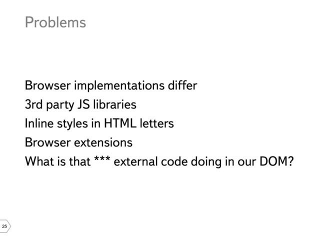 25
Problems
Browser implementations differ
3rd party JS libraries
Inline styles in HTML letters
Browser extensions
What is that *** external code doing in our DOM?
