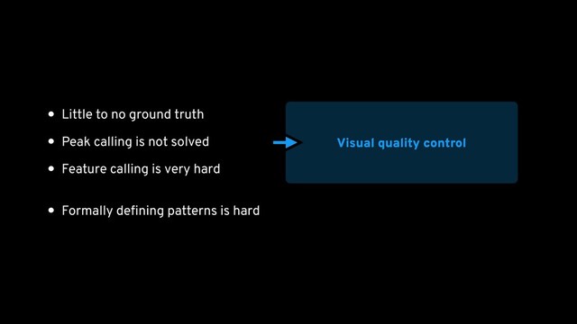 • Little to no ground truth
• Peak calling is not solved
• Feature calling is very hard
• Formally deﬁning patterns is hard
Visual quality control
