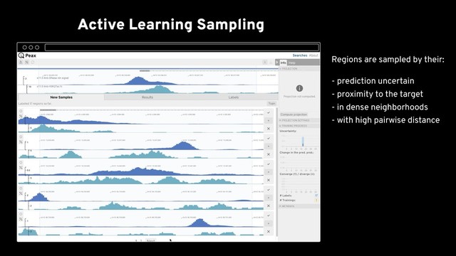 Active Learning Sampling
Training Progress
Embedding View
Resolve Conﬂicts
Explore Final Results Spatially
al. 2018) as the genome
browser
Regions are sampled by their:
- prediction uncertain 
- proximity to the target 
- in dense neighborhoods 
- with high pairwise distance
