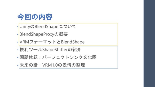 今回の内容
• UnityのBlendShapeについて
• BlendShapeProxyの概要
• VRMフォーマットとBlendShape
• 便利ツールShapeShifterの紹介
• 閑話休題：パーフェクトシンク文化圏
• 未来の話：VRM1.0の表情の整理

