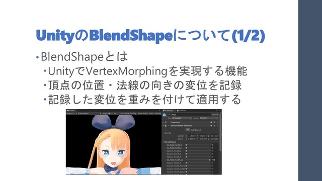 UnityのBlendShapeについて(1/2)
• BlendShapeとは
UnityでVertexMorphingを実現する機能
頂点の位置・法線の向きの変位を記録
記録した変位を重みを付けて適用する
