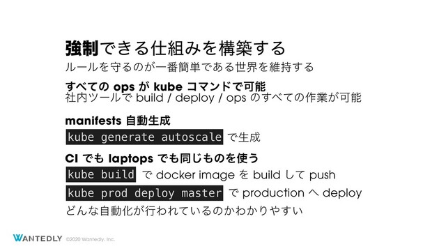 ©2020 Wantedly, Inc.
ڧ੍Ͱ͖Δ࢓૊ΈΛߏங͢Δ
͢΂ͯͷ ops ͕ kube ίϚϯυͰՄೳ
ϧʔϧΛकΔͷ͕Ұ൪؆୯Ͱ͋ΔੈքΛҡ࣋͢Δ
ࣾ಺πʔϧͰ build / deploy / ops ͷ͢΂ͯͷ࡞ۀ͕Մೳ
CI Ͱ΋ laptops Ͱ΋ಉ͡΋ͷΛ࢖͏
ͲΜͳࣗಈԽ͕ߦΘΕ͍ͯΔͷ͔Θ͔Γ΍͍͢
kube build
kube prod deploy master
Ͱ docker image Λ build ͯ͠ push
Ͱ production ΁ deploy
Ͱੜ੒
manifests ࣗಈੜ੒
kube generate autoscale
