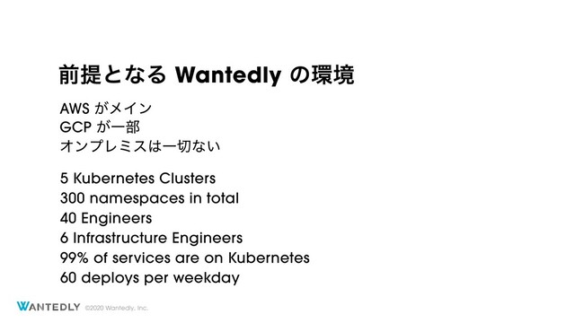 ©2020 Wantedly, Inc.
લఏͱͳΔ Wantedly ͷ؀ڥ
AWS ͕ϝΠϯ
40 Engineers
6 Infrastructure Engineers
5 Kubernetes Clusters
300 namespaces in total
GCP ͕Ұ෦
ΦϯϓϨϛε͸Ұ੾ͳ͍
99% of services are on Kubernetes
60 deploys per weekday
