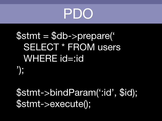PDO
$stmt = $db->prepare(‘

SELECT * FROM users

WHERE id=:id

’);

$stmt->bindParam(‘:id’, $id);

$stmt->execute();
