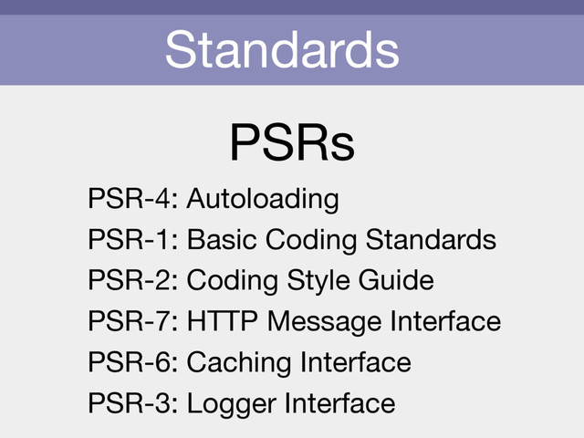 Standards
PSRs
PSR-4: Autoloading

PSR-1: Basic Coding Standards

PSR-2: Coding Style Guide

PSR-7: HTTP Message Interface

PSR-6: Caching Interface

PSR-3: Logger Interface
