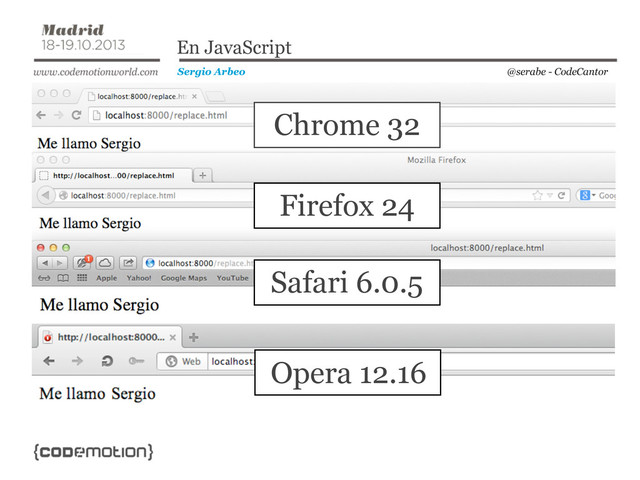 @serabe - CodeCantor
Sergio Arbeo
En JavaScript
Chrome 32
Firefox 24
Safari 6.0.5
Opera 12.16
