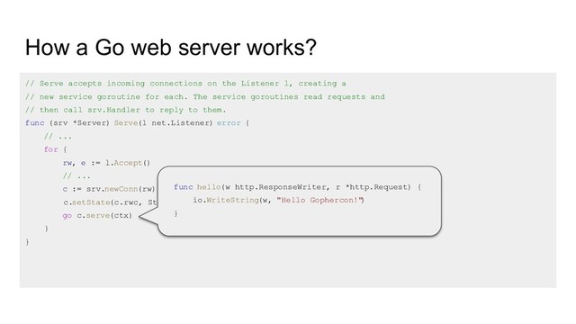 How a Go web server works?
// Serve accepts incoming connections on the Listener l, creating a
// new service goroutine for each. The service goroutines read requests and
// then call srv.Handler to reply to them.
func (srv *Server) Serve(l net.Listener) error {
// ...
for {
rw, e := l.Accept()
// ...
c := srv.newConn(rw)
c.setState(c.rwc, StateNew) // before Serve can return
go c.serve(ctx)
}
}
func hello(w http.ResponseWriter, r *http.Request) {
io.WriteString(w, "Hello Gophercon!"
)
}
