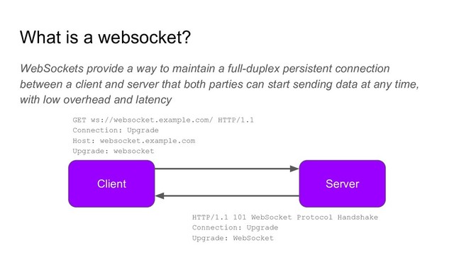 What is a websocket?
WebSockets provide a way to maintain a full-duplex persistent connection
between a client and server that both parties can start sending data at any time,
with low overhead and latency
GET ws://websocket.example.com/ HTTP/1.1
Connection: Upgrade
Host: websocket.example.com
Upgrade: websocket
Client Server
HTTP/1.1 101 WebSocket Protocol Handshake
Connection: Upgrade
Upgrade: WebSocket
