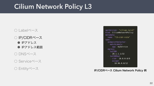 Cilium Network Policy L3
22
˓ -BCFMϕʔε
˓ *1$*%3ϕʔε
˔ *1ΞυϨε
˔ *1ΞυϨεൣғ
˓ %/4ϕʔε
˓ 4FSWJDFϕʔε
˓ &OUJUZϕʔε
*1$*%3ϕʔε$JMJVN/FUXPSL1PMJDZྫ
