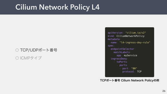 Cilium Network Policy L4
26
˓ 5$16%1ϙʔτ൪߸
˓ *$.1λΠϓ
5$1ϙʔτ൪߸$JMJVN/FUXPSL1PMJDZͷྫ
