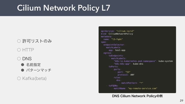 Cilium Network Policy L7
29
˓ ڐՄϦετͷΈ
˓ )551
˓ %/4
˔ ໊લࢦఆ
˔ ύλʔϯϚον
˓ ,BGLB CFUB

%/4$JMJVN/FUXPSL1PMJDZͷྫ
