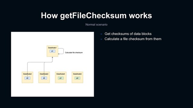 How getFileChecksum works
Normal scenario
- Get checksums of data blocks
- Calculate a file checksum from them
