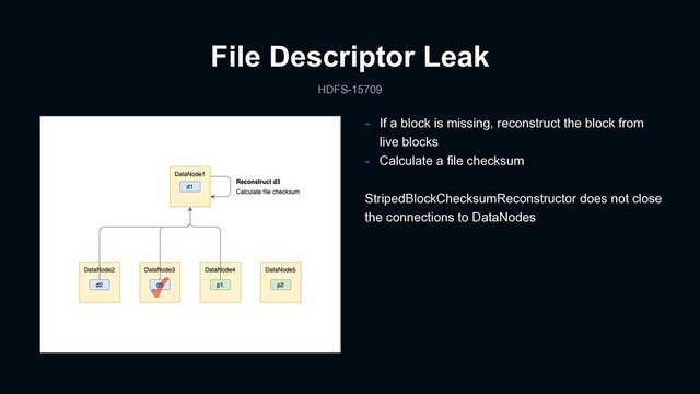 File Descriptor Leak
HDFS-15709
- If a block is missing, reconstruct the block from
live blocks
- Calculate a file checksum
StripedBlockChecksumReconstructor does not close
the connections to DataNodes
