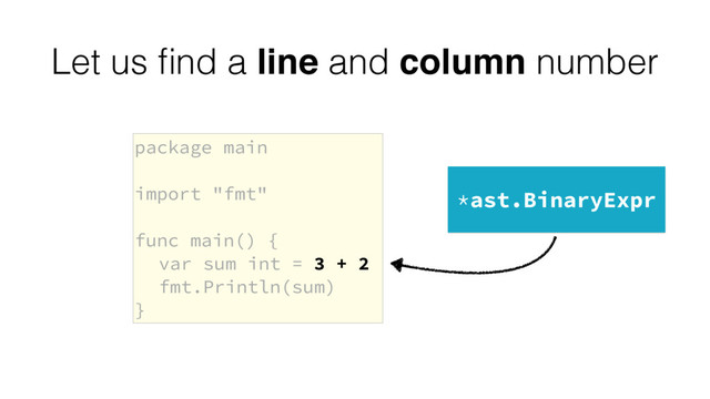 package main
import "fmt"
func main() {
var sum int = 3 + 2
fmt.Println(sum)
}
*ast.BinaryExpr
Let us ﬁnd a line and column number
