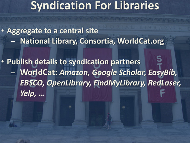 Syndication	  For	  Libraries
• Aggregate	  to	  a	  central	  site	  
- National	  Library,	  Consortia,	  WorldCat.org
• Publish	  details	  to	  syndication	  partners
- WorldCat:	  Amazon,	  Google	  Scholar,	  EasyBib,	  
EBSCO,	  OpenLibrary,	  FindMyLibrary,	  RedLaser,	  
Yelp,	  …
