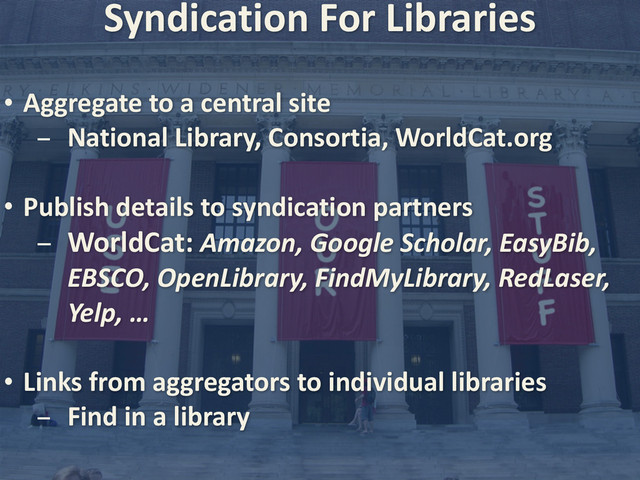 Syndication	  For	  Libraries
• Aggregate	  to	  a	  central	  site	  
- National	  Library,	  Consortia,	  WorldCat.org
• Publish	  details	  to	  syndication	  partners
- WorldCat:	  Amazon,	  Google	  Scholar,	  EasyBib,	  
EBSCO,	  OpenLibrary,	  FindMyLibrary,	  RedLaser,	  
Yelp,	  …
• Links	  from	  aggregators	  to	  individual	  libraries
- Find	  in	  a	  library	  
