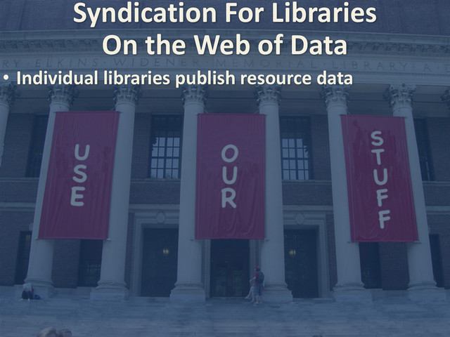 Syndication	  For	  Libraries
• Individual	  libraries	  publish	  resource	  data
On	  the	  Web	  of	  Data
