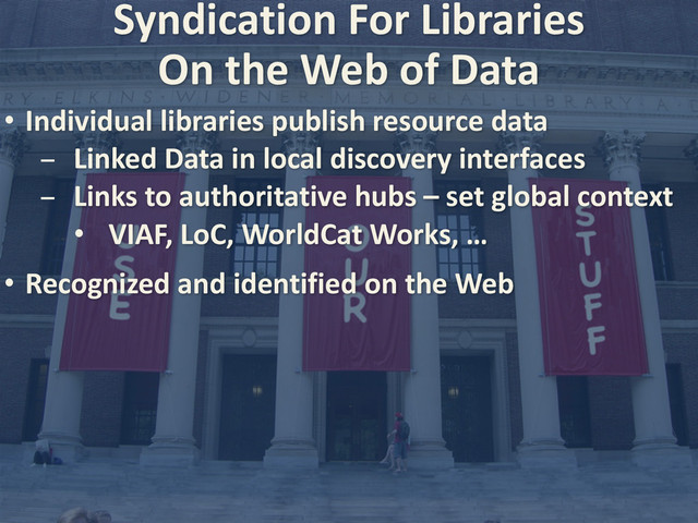 Syndication	  For	  Libraries
• Individual	  libraries	  publish	  resource	  data
- Linked	  Data	  in	  local	  discovery	  interfaces
- Links	  to	  authoritative	  hubs	  –	  set	  global	  context
• VIAF,	  LoC,	  WorldCat	  Works,	  …
• Recognized	  and	  identified	  on	  the	  Web
On	  the	  Web	  of	  Data
