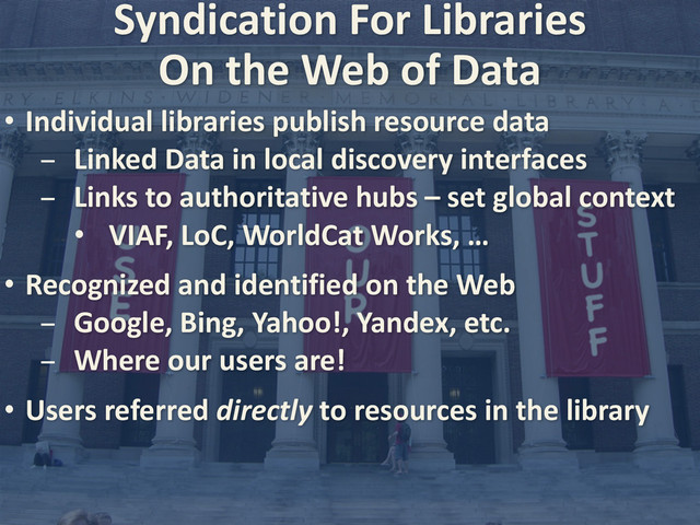 Syndication	  For	  Libraries
• Individual	  libraries	  publish	  resource	  data
- Linked	  Data	  in	  local	  discovery	  interfaces
- Links	  to	  authoritative	  hubs	  –	  set	  global	  context
• VIAF,	  LoC,	  WorldCat	  Works,	  …
• Recognized	  and	  identified	  on	  the	  Web
- Google,	  Bing,	  Yahoo!,	  Yandex,	  etc.
- Where	  our	  users	  are!
• Users	  referred	  directly	  to	  resources	  in	  the	  library	  
On	  the	  Web	  of	  Data

