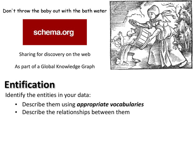 Don't throw the baby out with the bath water
Sharing	  for	  discovery	  on	  the	  web	  
As	  part	  of	  a	  Global	  Knowledge	  Graph
Entification
Identify	  the	  entities	  in	  your	  data:
• Describe	  them	  using	  appropriate	  vocabularies
• Describe	  the	  relationships	  between	  them
