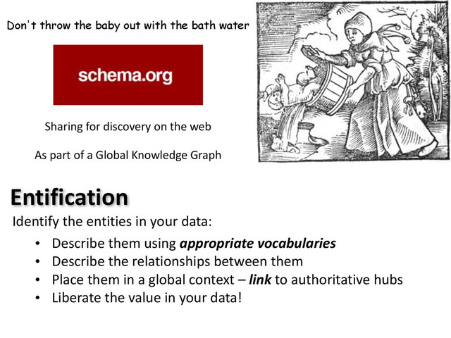 Don't throw the baby out with the bath water
Sharing	  for	  discovery	  on	  the	  web	  
As	  part	  of	  a	  Global	  Knowledge	  Graph
Entification
Identify	  the	  entities	  in	  your	  data:
• Describe	  them	  using	  appropriate	  vocabularies
• Describe	  the	  relationships	  between	  them
• Place	  them	  in	  a	  global	  context	  –	  link	  to	  authoritative	  hubs
• Liberate	  the	  value	  in	  your	  data!

