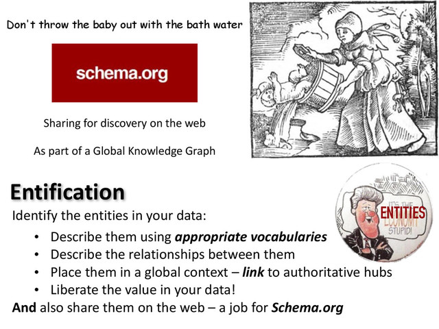 Don't throw the baby out with the bath water
Sharing	  for	  discovery	  on	  the	  web	  
As	  part	  of	  a	  Global	  Knowledge	  Graph
Entification
Identify	  the	  entities	  in	  your	  data:
• Describe	  them	  using	  appropriate	  vocabularies
• Describe	  the	  relationships	  between	  them
• Place	  them	  in	  a	  global	  context	  –	  link	  to	  authoritative	  hubs
• Liberate	  the	  value	  in	  your	  data!
And	  also	  share	  them	  on	  the	  web	  –	  a	  job	  for	  Schema.org
ENTITIES
