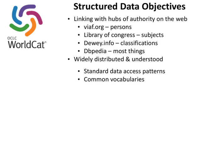 Structured	  Data	  Objectives
• Linking	  with	  hubs	  of	  authority	  on	  the	  web
• viaf.org	  –	  persons
• Library	  of	  congress	  –	  subjects
• Dewey.info	  –	  classifications
• Dbpedia	  –	  most	  things
• Widely	  distributed	  &	  understood
• Standard	  data	  access	  patterns
• Common	  vocabularies

