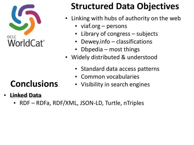 Structured	  Data	  Objectives
• Linking	  with	  hubs	  of	  authority	  on	  the	  web
• viaf.org	  –	  persons
• Library	  of	  congress	  –	  subjects
• Dewey.info	  –	  classifications
• Dbpedia	  –	  most	  things
• Widely	  distributed	  &	  understood
• Standard	  data	  access	  patterns
• Common	  vocabularies
• Visibility	  in	  search	  engines
Conclusions
• Linked	  Data
• RDF	  –	  RDFa,	  RDF/XML,	  JSON-­‐LD,	  Turtle,	  nTriples
