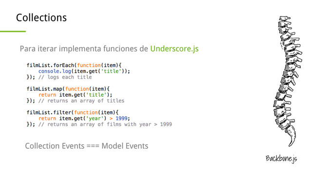 Backbone.js
Collections
Para iterar implementa funciones de Underscore.js
Collection Events === Model Events

