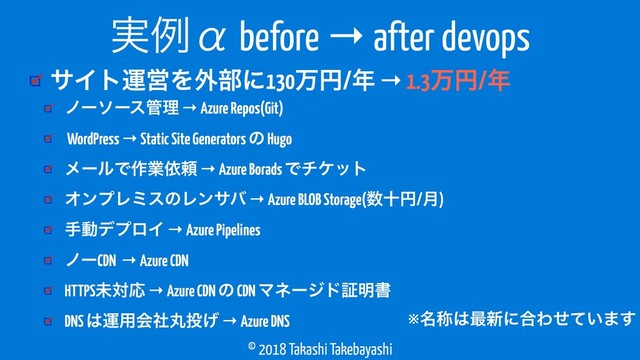 © 2018 Takashi Takebayashi
αΠτӡӦΛ֎෦ʹ130ສԁ/೥ → 1.3ສԁ/೥
࣮ྫЋ before → after devops
ϊʔιʔε؅ཧ → Azure Repos(Git)
WordPress → Static Site Generators ͷ Hugo
ϝʔϧͰ࡞ۀґཔ → Azure Borads Ͱνέοτ
ΦϯϓϨϛεͷϨϯαό → Azure BLOB Storage(਺ेԁ/݄)
खಈσϓϩΠ → Azure Pipelines
ϊʔCDN → Azure CDN
HTTPSະରԠ → Azure CDN ͷ CDN Ϛωʔδυূ໌ॻ
DNS ͸ӡ༻ձؙࣾ౤͛ → Azure DNS ※໊শ͸࠷৽ʹ߹Θ͍ͤͯ·͢
