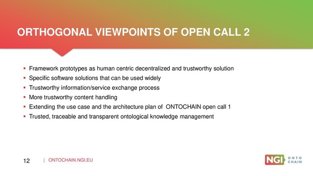 | ONTOCHAIN.NGI.EU
ORTHOGONAL VIEWPOINTS OF OPEN CALL 2
 Framework prototypes as human centric decentralized and trustworthy solution
 Specific software solutions that can be used widely
 Trustworthy information/service exchange process
 More trustworthy content handling
 Extending the use case and the architecture plan of ONTOCHAIN open call 1
 Trusted, traceable and transparent ontological knowledge management
12
