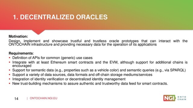 | ONTOCHAIN.NGI.EU
Motivation:
Design, implement and showcase trustful and trustless oracle prototypes that can interact with the
ONTOCHAIN infrastructure and providing necessary data for the operation of its applications
Requirements:
 Definition of APIs for common (generic) use cases
 Integrate with at least Ethereum smart contracts and the EVM, although support for additional chains is
encouraged
 Support for semantic data (e.g., properties such as a vehicle color) and semantic queries (e.g., via SPARQL)
 Support a variety of data sources, data formats and off-chain storage mediums/services
 Integration of identity verification or decentralized identity management
 New trust-building mechanisms to assure authentic and trustworthy data feed for smart contracts.
1. DECENTRALIZED ORACLES
14
