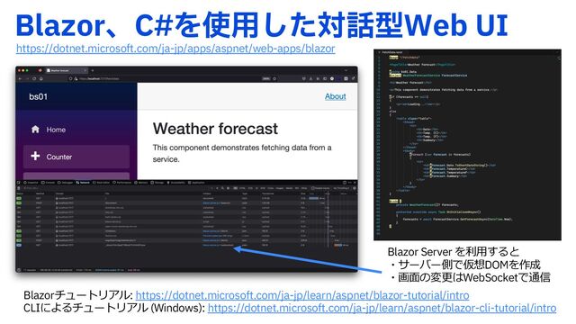 #MB[PSɺ$Λ࢖༻ͨ͠ର࿩ܕ8FC6*
https://dotnet.microsoft.com/ja-jp/apps/aspnet/web-apps/blazor
Blazor Server を利⽤すると
・サーバー側で仮想DOMを作成
・画⾯の変更はWebSocketで通信
Blazorチュートリアル: https://dotnet.microsoft.com/ja-jp/learn/aspnet/blazor-tutorial/intro
CLIによるチュートリアル (Windows): https://dotnet.microsoft.com/ja-jp/learn/aspnet/blazor-cli-tutorial/intro

