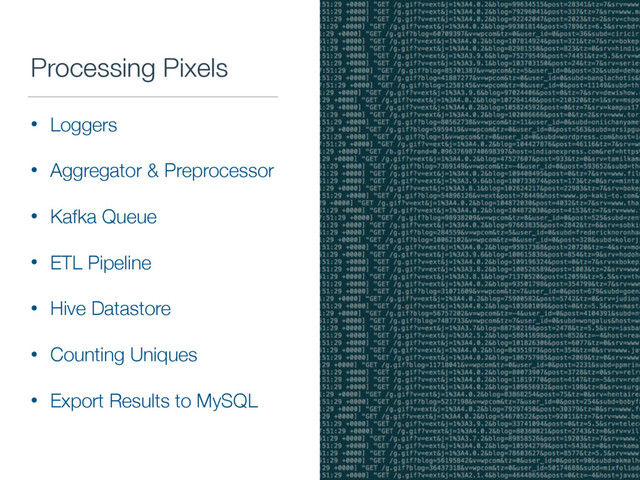 Processing Pixels
• Loggers
• Aggregator & Preprocessor
• Kafka Queue
• ETL Pipeline
• Hive Datastore
• Counting Uniques
• Export Results to MySQL
