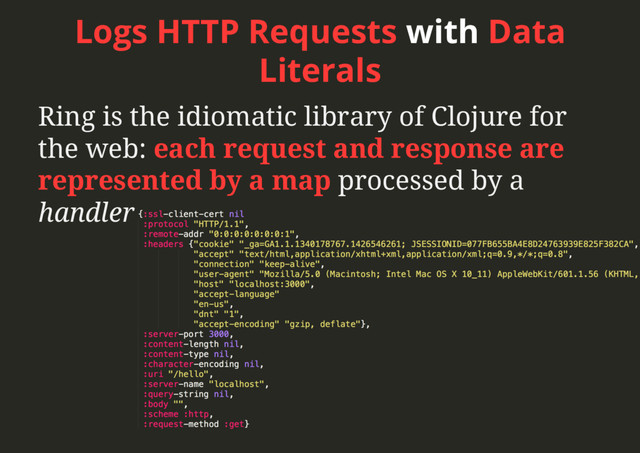 Logs HTTP Requests with Data
Literals
Ring is the idiomatic library of Clojure for
the web: each request and response are
represented by a map processed by a
handler
