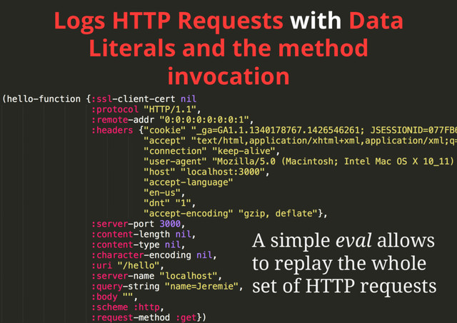 Logs HTTP Requests with Data
Literals and the method
invocation
A simple eval allows
to replay the whole
set of HTTP requests
