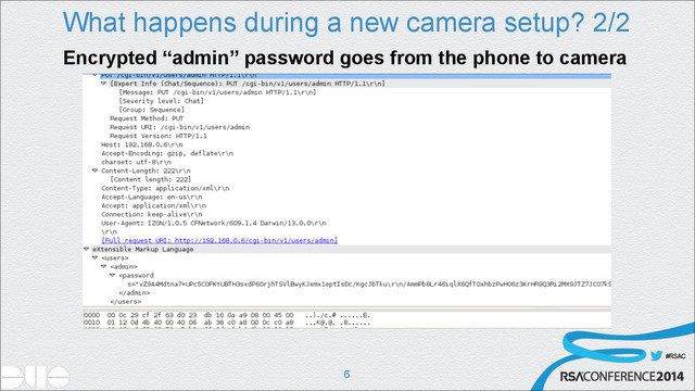 #RSAC
What happens during a new camera setup? 2/2
!6
Encrypted “admin” password goes from the phone to camera
