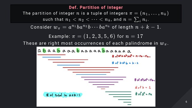 Consider of length .
Example: for 

These are right most occurrences of each palindrome in .

Def. Par tition of Integer

The partition of integer is a tuple of integers 

such that , and .
n π = (n , … , n
​
)
1 k
n
​
<
1
n
​
<
2
⋯ < n
​
k
n =
​
n
​
∑i i
w
​
=
π a ba b ⋯ ba
n
​
1 n
​
2 n
​
k n + k − 1
π = (1, 2, 3, 5, 6) n = 17
w
​
π
6
6
