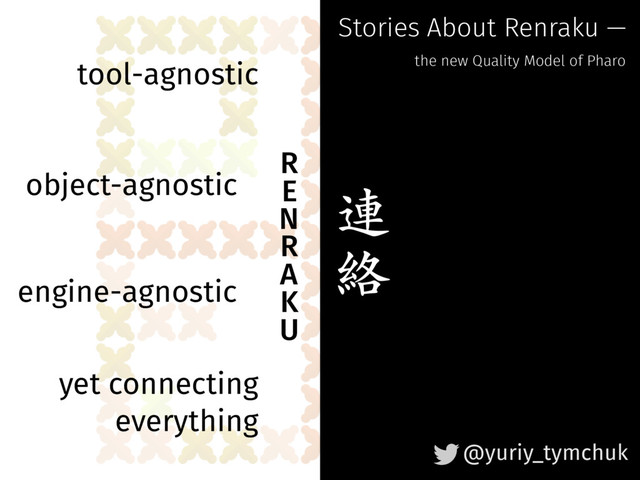 

R
E
N
R
A
K
U
object-agnostic
tool-agnostic
engine-agnostic
yet connecting
everything
@yuriy_tymchuk
Stories About Renraku —
the new Quality Model of Pharo
