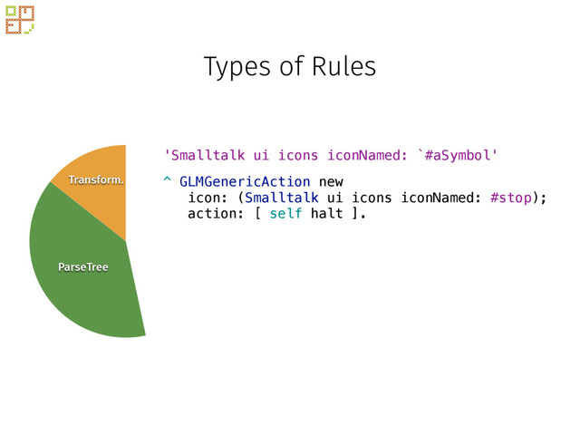 Types of Rules
Transform.
ParseTree
Block
^ GLMGenericAction new
icon: (Smalltalk ui icons iconNamed: #stop);
action: [ self halt ].
'Smalltalk ui icons iconNamed: `#aSymbol'
