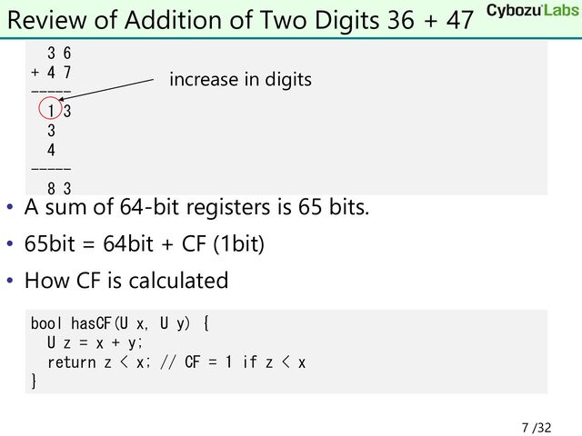 • A sum of 64-bit registers is 65 bits.
• 65bit = 64bit + CF (1bit)
• How CF is calculated
Review of Addition of Two Digits 36 + 47
3 6
+ 4 7
-----
1 3
3
4
-----
8 3
increase in digits
bool hasCF(U x, U y) {
U z = x + y;
return z < x; // CF = 1 if z < x
}
7 /32
