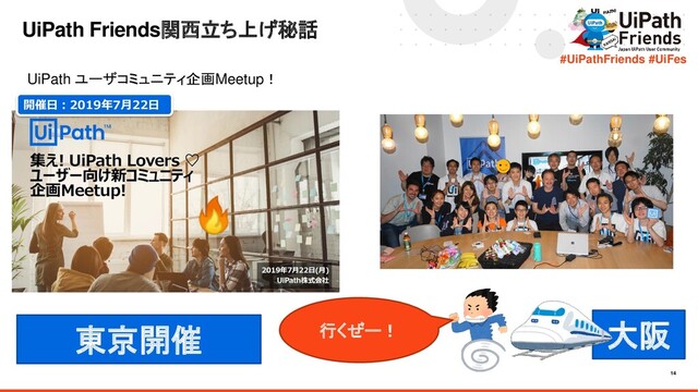 14
#UiPathFriends #UiFes
UiPath Friends関西立ち上げ秘話
東京開催
UiPath ユーザコミュニティ企画Meetup！
行くぜー！
開催日：2019年7月22日
大阪
