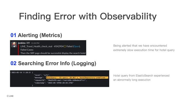01 Alerting (Metrics)
02 Searching Error Info (Logging)
Hotel query from ElasticSearch experienced
an abnormally long execution
Being alerted that we have encountered
extremely slow execution time for hotel query
Finding Error with Observability
